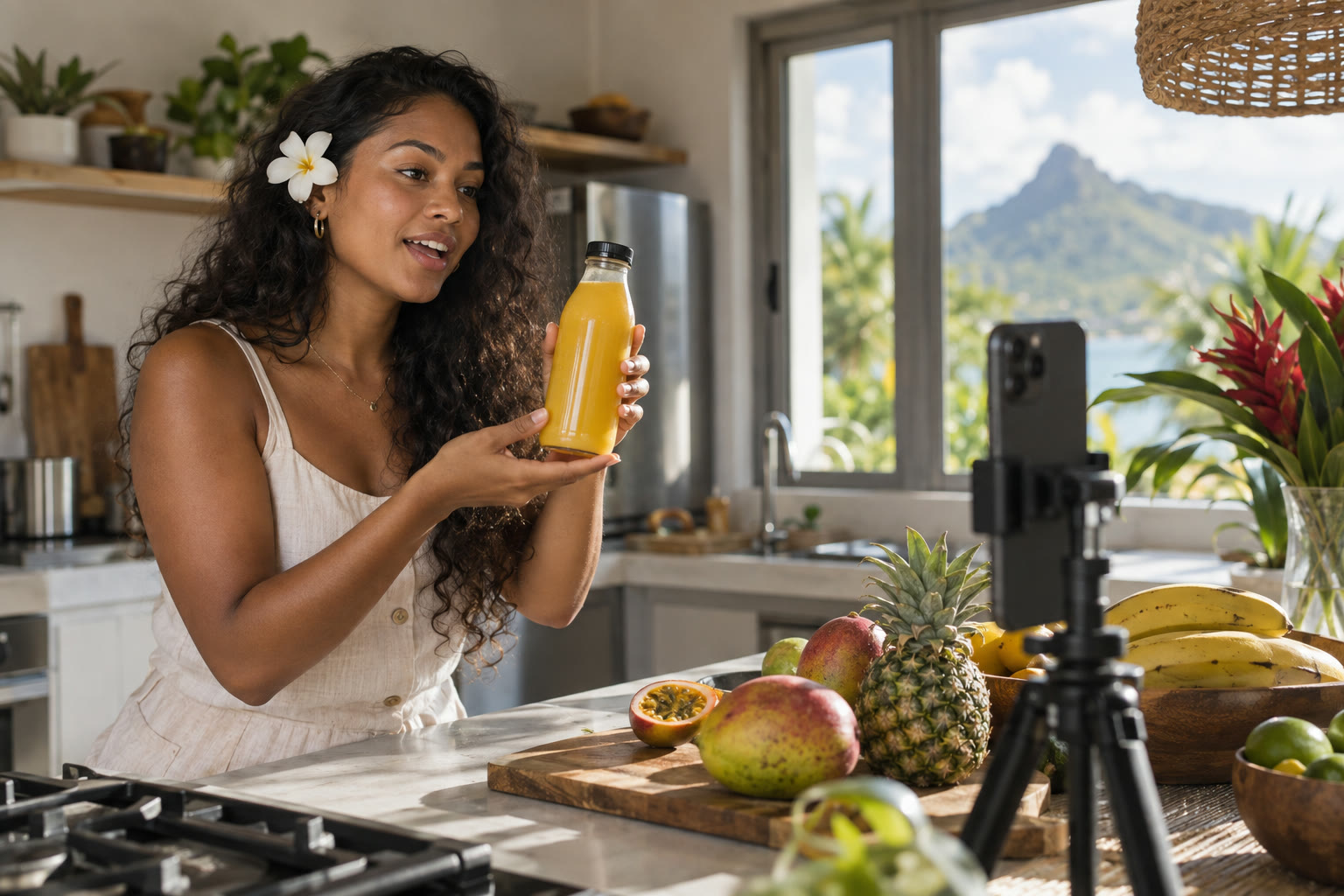 Creator holding a bottle of juice up to a phone on a tripod in a bright kitchen