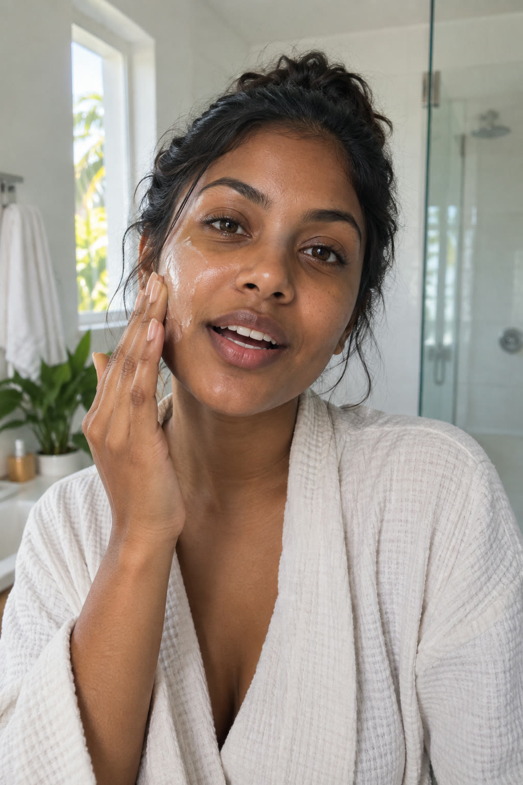 Skincare routine in a bright bathroom, vertical video still
