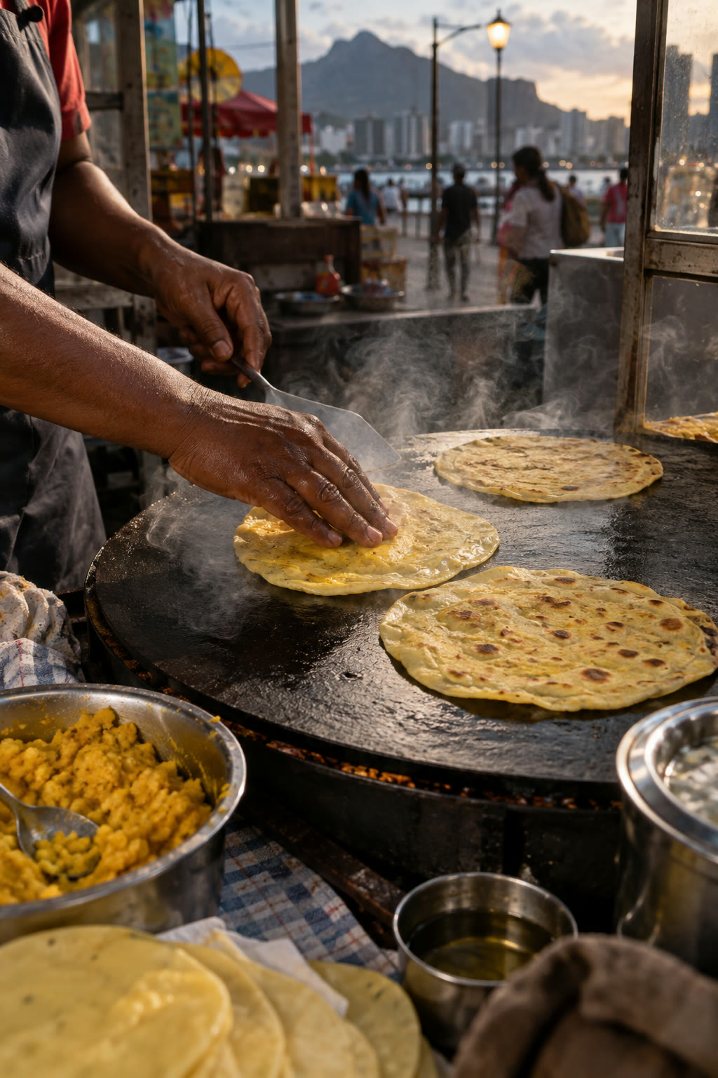 Street food cooking close up, vertical video still