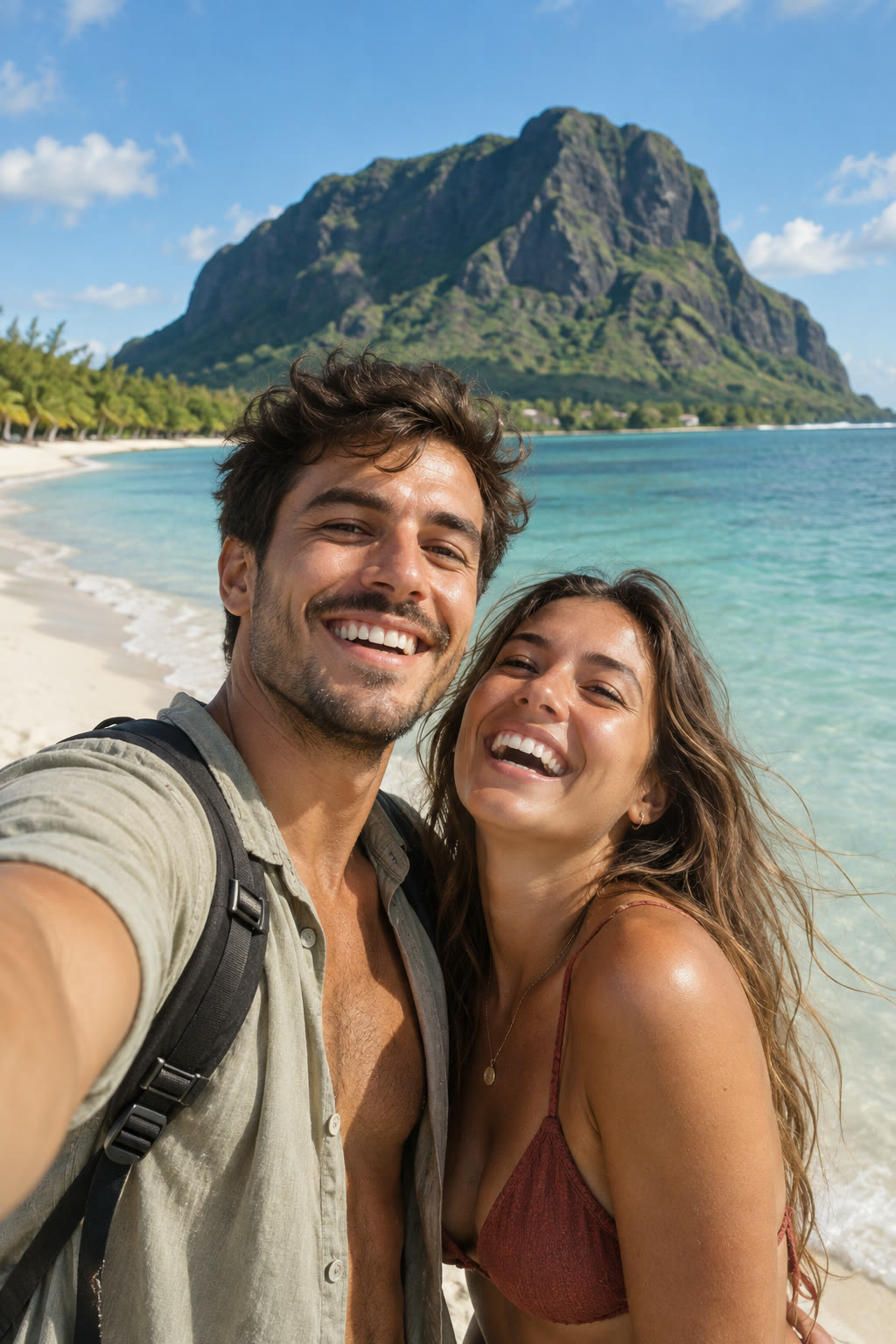Couple vlog at Le Morne beach, vertical video still