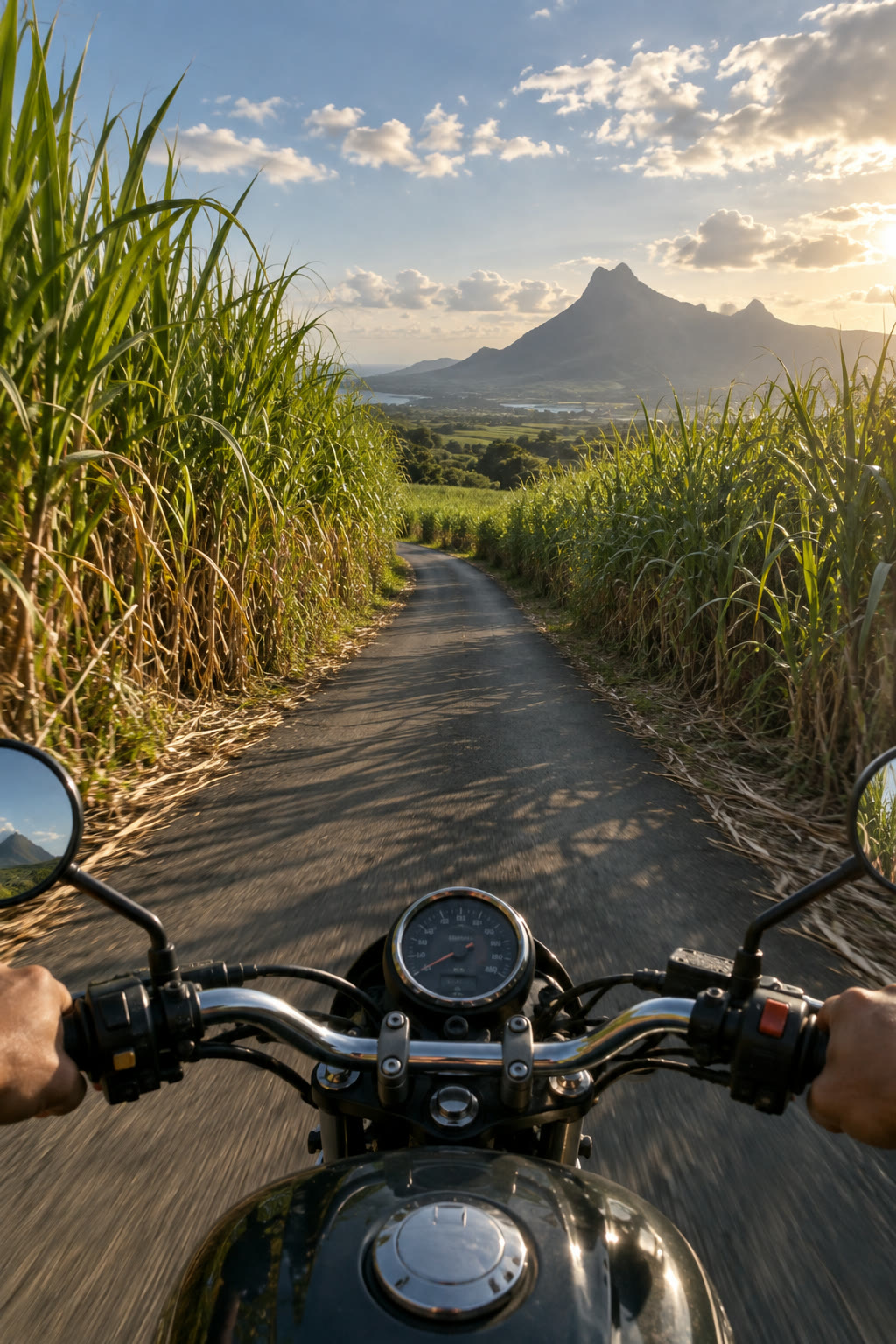 Motorbike ride through sugar cane fields, vertical video still