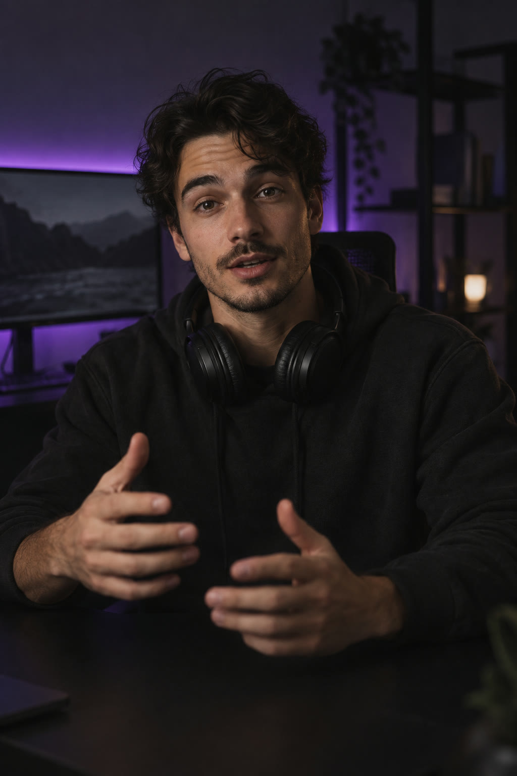 Tech creator at a desk lit by a violet LED strip, vertical video still
