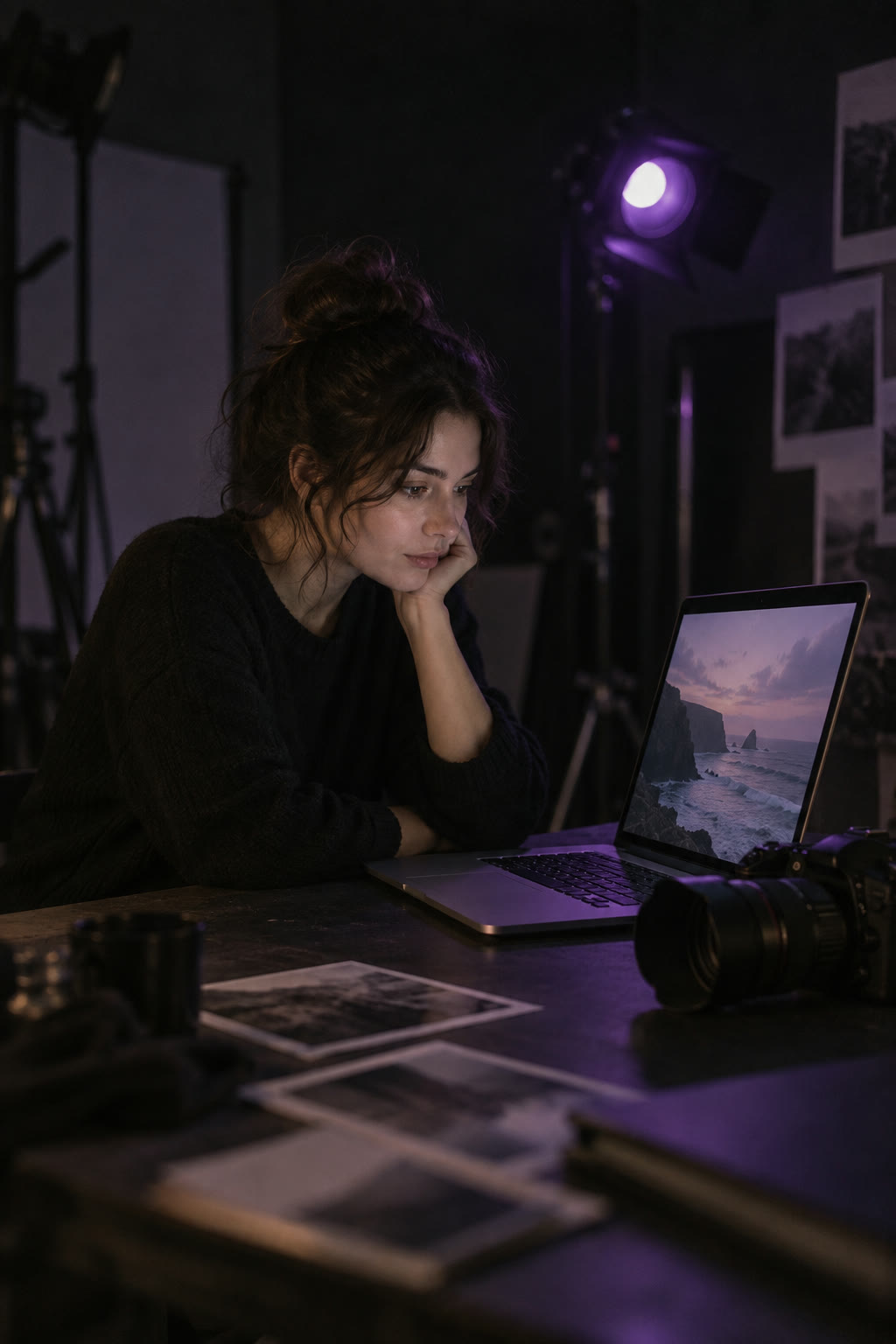 Photographer reviewing images on a laptop in a dark studio, vertical video still